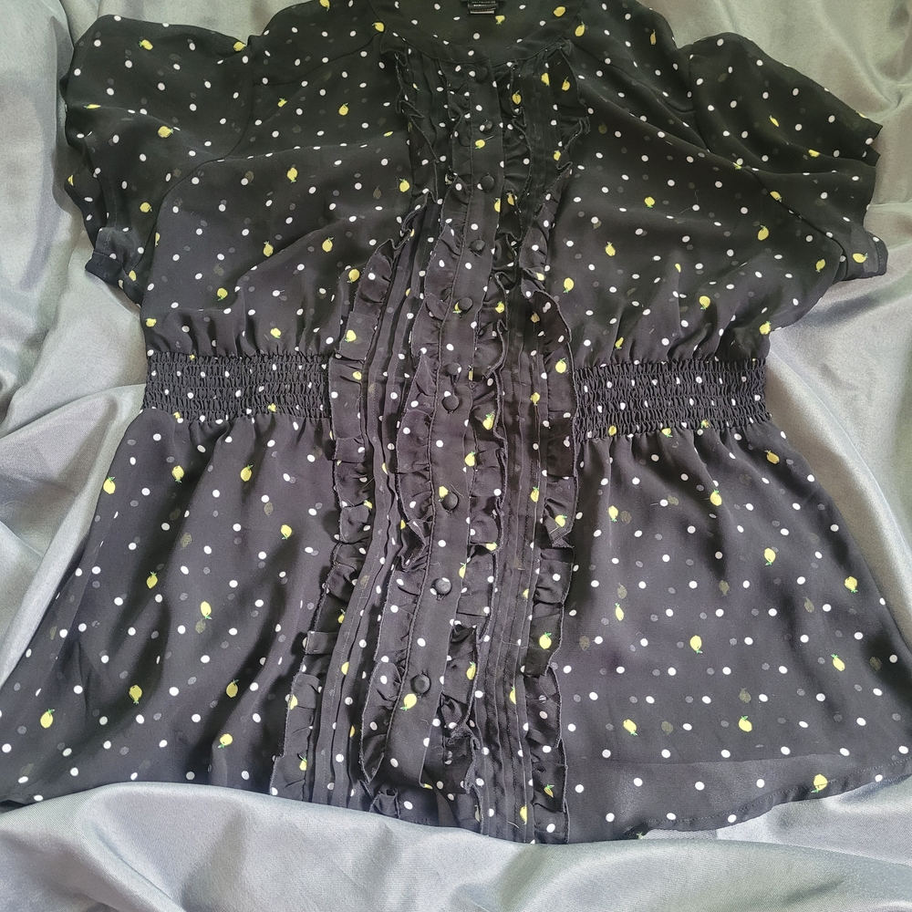Torrid Black Blouse with White and Yellow Dots